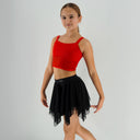 Czerwony top taneczny Corset Glow Red dla dziewczynki z połyskującą tkaniną i wstawkami z siatki imitującymi gorset.