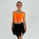 Pomarańczowy top taneczny Corset Glow Orange dla dziewczynki z wstawkami z siatki imitującymi gorset.