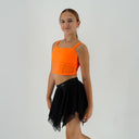 Pomarańczowy top taneczny Corset Glow Orange dla dziewczynki z wstawkami z siatki imitującymi gorset.