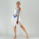 Elegancki strój taneczny dla dziewczynki do disco slow, modernu i jazz lyrical. Wszyte krótkie spodenki, lekka spódniczka i tuba na kucyk w zestawie.